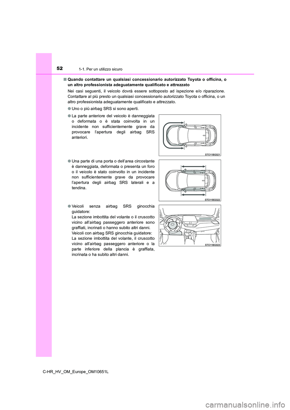 TOYOTA C-HR 2019 Manuale duso (in Italian) 521-1. Per un utilizzo sicuro
C-HR_HV_OM_Europe_OM10651L
■ Quando contattare un qualsiasi concessionario autorizzato Toyota o officina, o
un altro professionista adeguatamente qualificato e attrez TOYOTA C-HR 2019 Manuale duso (in Italian) 521-1. Per un utilizzo sicuro
C-HR_HV_OM_Europe_OM10651L
■ Quando contattare un qualsiasi concessionario autorizzato Toyota o officina, o
un altro professionista adeguatamente qualificato e attrez