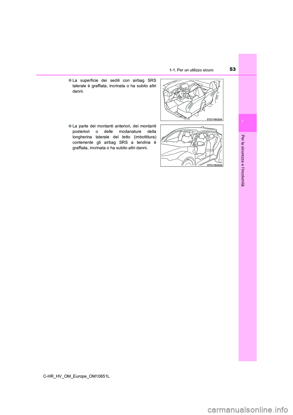 TOYOTA C-HR 2019  Manuale duso (in Italian) 531-1. Per un utilizzo sicuro
1
Per la sicurezza e l’incolumità
C-HR_HV_OM_Europe_OM10651L 
● La superficie dei sedili con airbag SRS 
laterale è graffiata, incrinata o ha subito altri
danni. 
