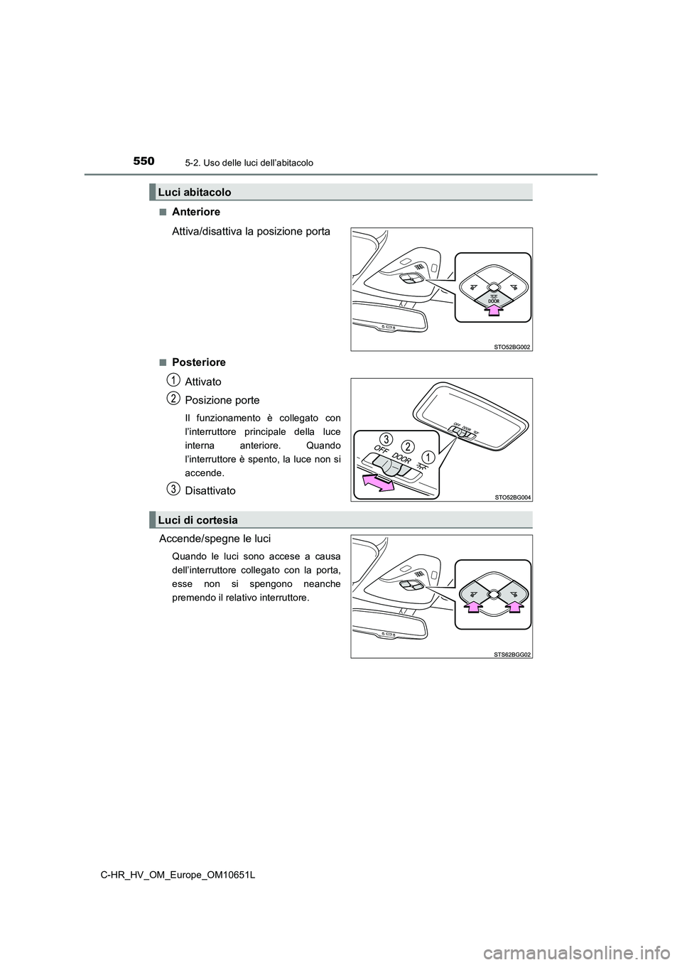 TOYOTA C-HR 2019  Manuale duso (in Italian) 5505-2. Uso delle luci dell’abitacolo
C-HR_HV_OM_Europe_OM10651L 
■Anteriore 
Attiva/disattiva la posizione porta
■Posteriore 
Attivato 
Posizione porte
Il funzionamento è collegato con 
l’in