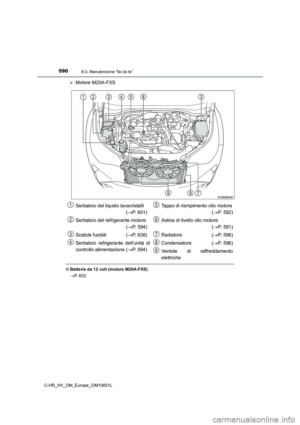 TOYOTA C-HR 2019  Manuale duso (in Italian) 5906-3. Manutenzione “fai da te”
C-HR_HV_OM_Europe_OM10651L
Motore M20A-FXS
■Batteria da 12 volt (motore M20A-FXS) 
 P.  6 0 2
Serbatoio del liquido lavacristalli 
 ( P. 601) 
Serbatoio