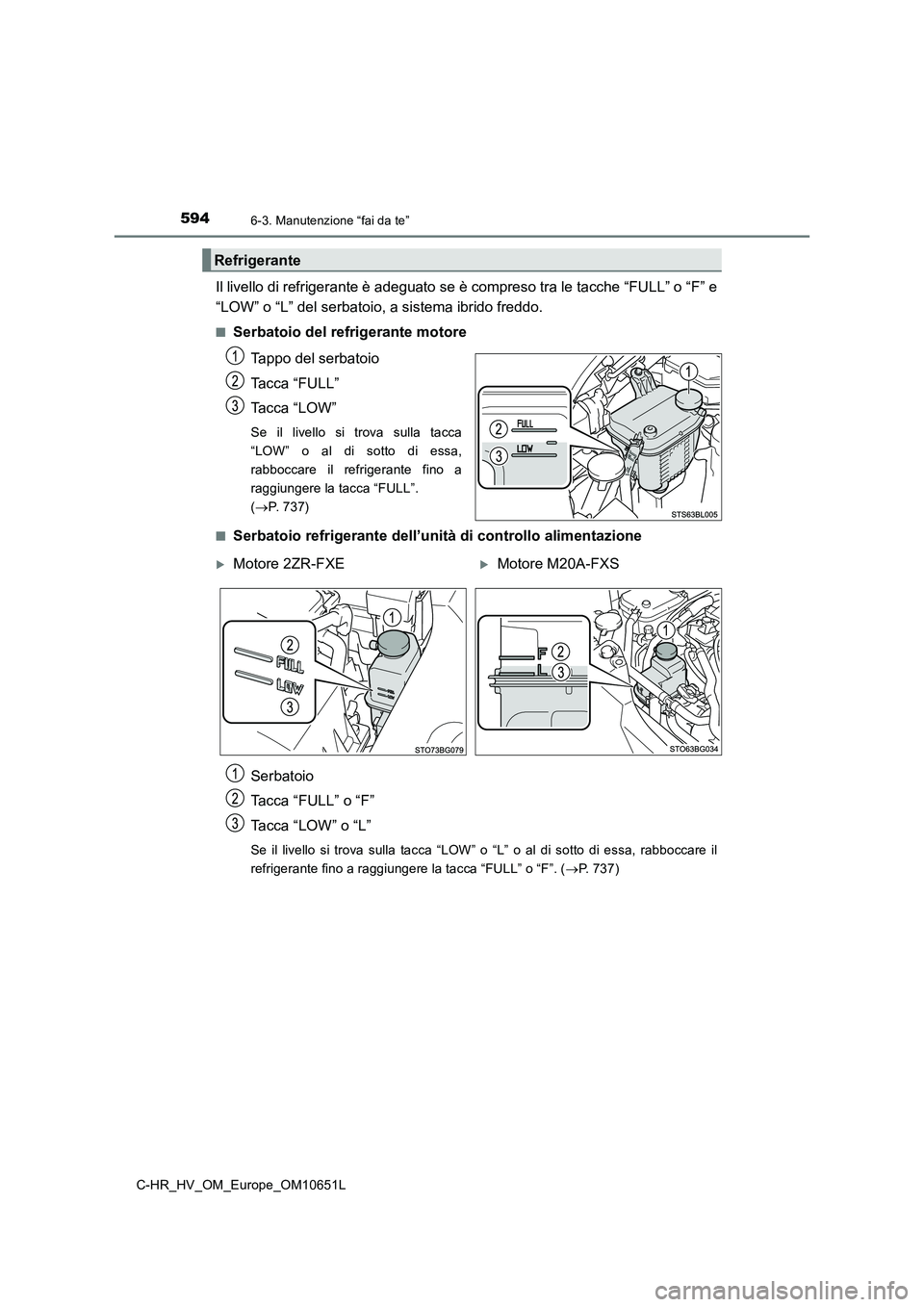 TOYOTA C-HR 2019  Manuale duso (in Italian) 5946-3. Manutenzione “fai da te”
C-HR_HV_OM_Europe_OM10651L
Il livello di refrigerante è adeguato se è compreso tra le tacche “FULL” o “F” e 
“LOW” o “L” del serbatoio, a sistema