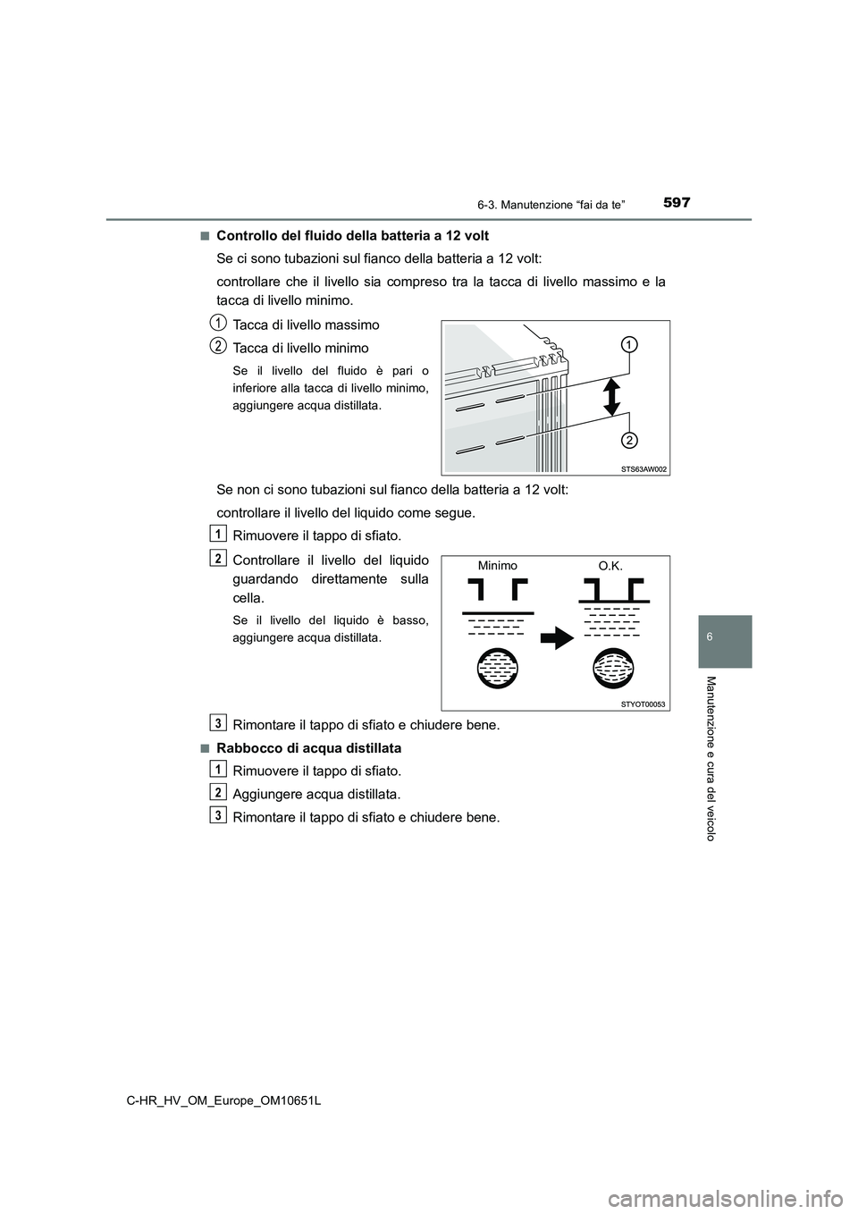 TOYOTA C-HR 2019  Manuale duso (in Italian) 5976-3. Manutenzione “fai da te”
C-HR_HV_OM_Europe_OM10651L
6
Manutenzione e cura del veicolo
■Controllo del fluido della batteria a 12 volt 
Se ci sono tubazioni sul fianco della batteria a 12 