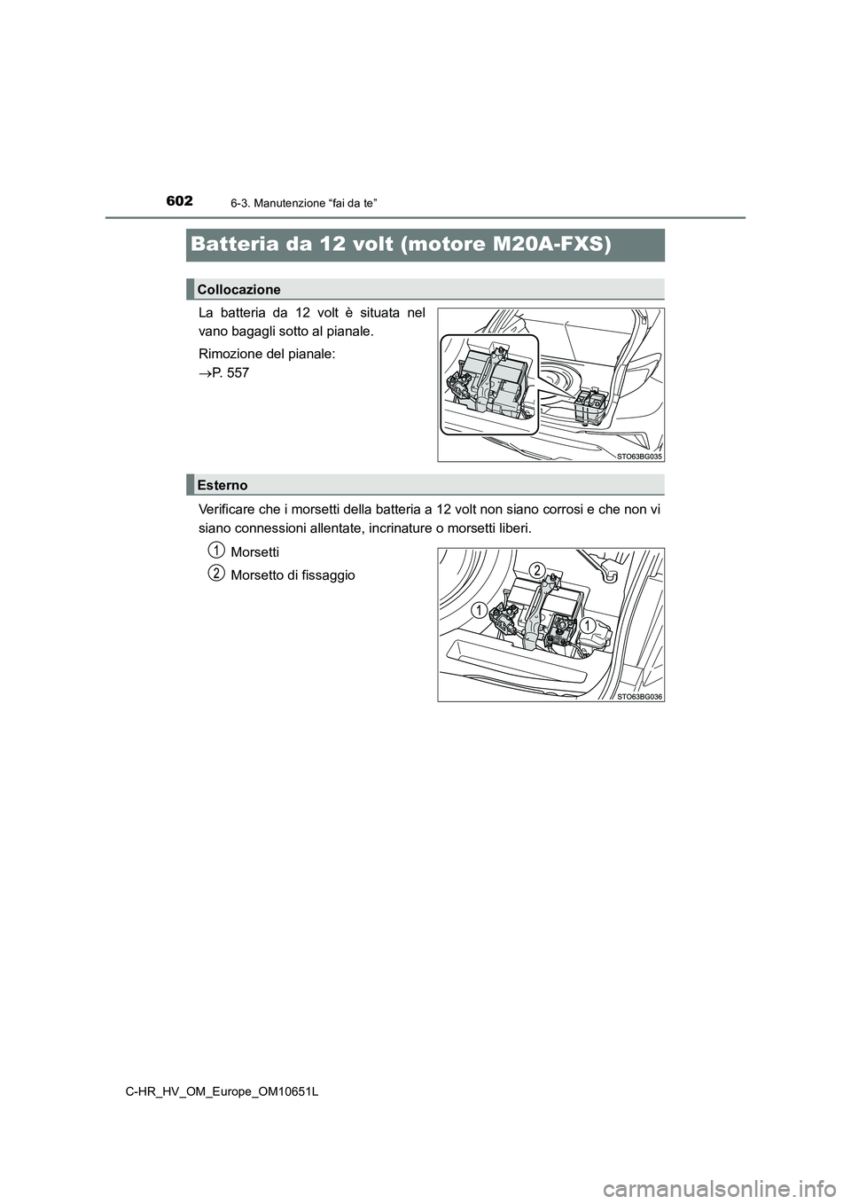 TOYOTA C-HR 2019  Manuale duso (in Italian) 6026-3. Manutenzione “fai da te”
C-HR_HV_OM_Europe_OM10651L
Batteria da 12 volt (motore M20A-FXS)
La batteria da 12 volt è situata nel 
vano bagagli sotto al pianale. 
Rimozione del pianale:  
