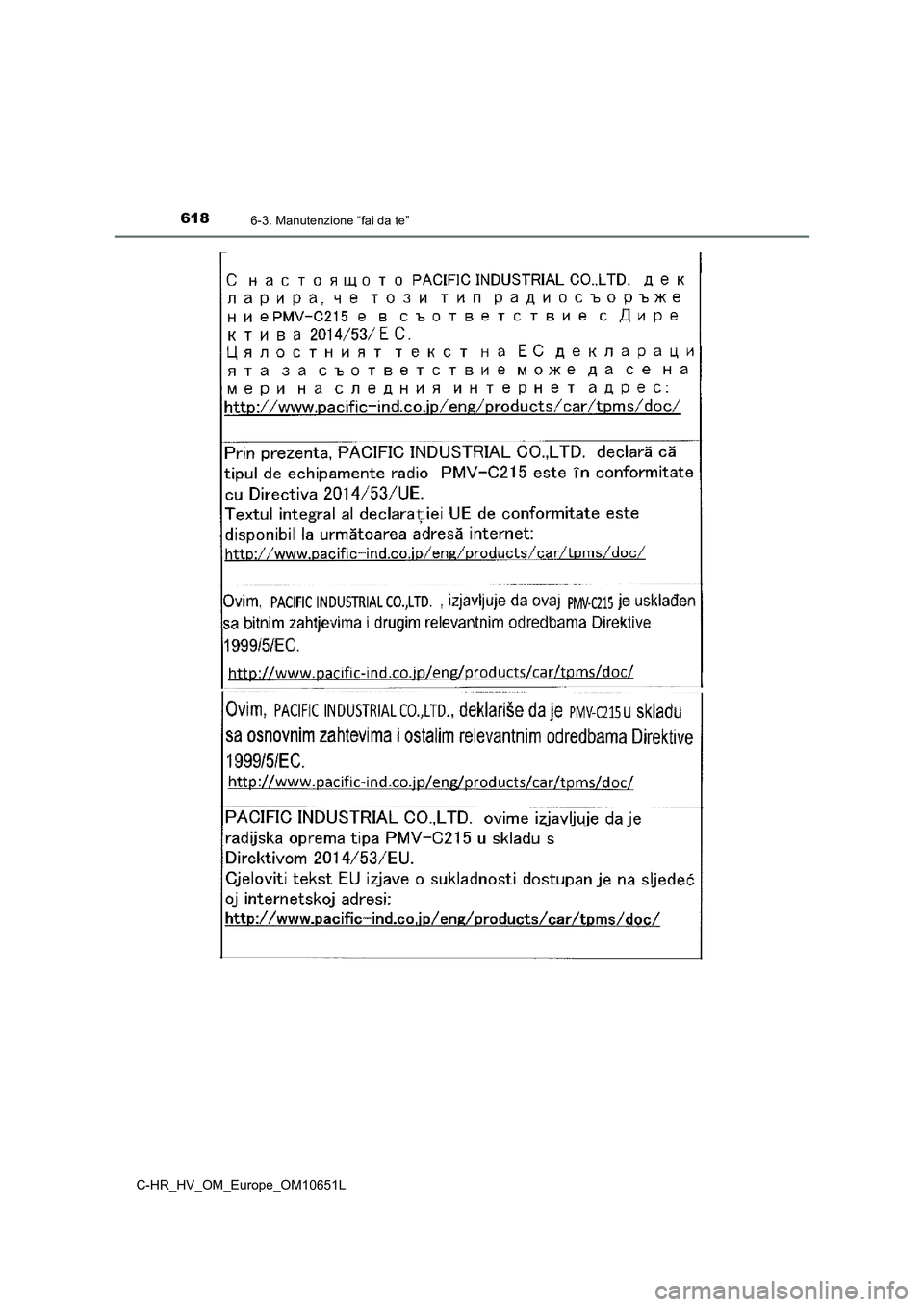 TOYOTA C-HR 2019  Manuale duso (in Italian) 6186-3. Manutenzione “fai da te”
C-HR_HV_OM_Europe_OM10651L 