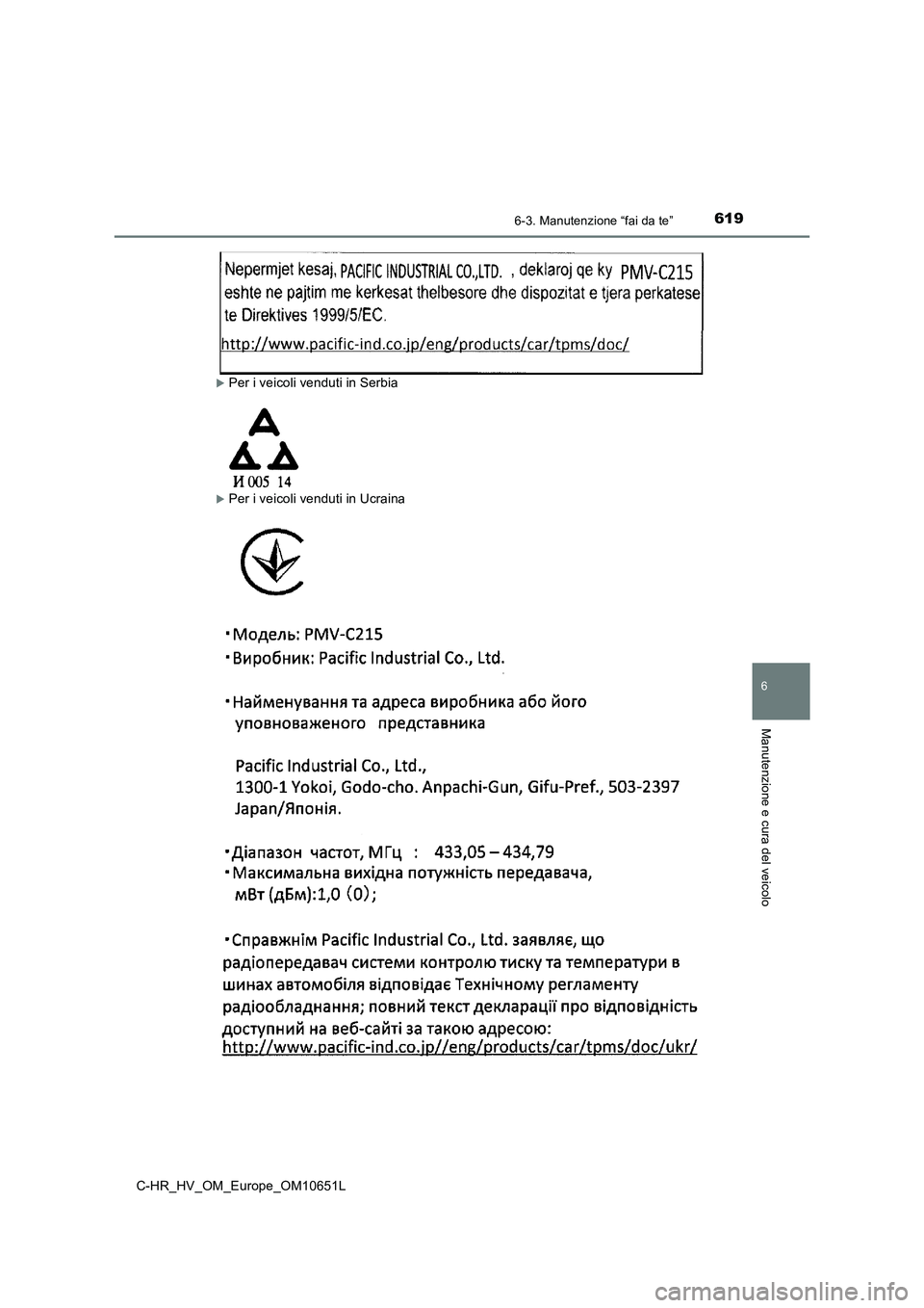 TOYOTA C-HR 2019  Manuale duso (in Italian) 6196-3. Manutenzione “fai da te”
C-HR_HV_OM_Europe_OM10651L
6
Manutenzione e cura del veicolo
Per i veicoli venduti in Serbia
Per i veicoli venduti in Ucraina 