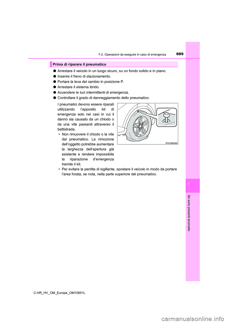 TOYOTA C-HR 2019  Manuale duso (in Italian) 6897-2. Operazioni da eseguire in caso di emergenza
C-HR_HV_OM_Europe_OM10651L
7
Se sono presenti anomalie
●Arrestare il veicolo in un luogo sicuro, su un fondo solido e in piano. 
● Inserire il f