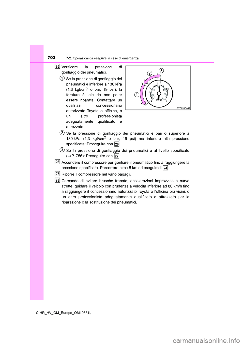 TOYOTA C-HR 2019 Manuale duso (in Italian) 7027-2. Operazioni da eseguire in caso di emergenza
C-HR_HV_OM_Europe_OM10651L
Verificare la pressione di
gonfiaggio dei pneumatici.
Se la pressione di gonfiaggio dei
pneumatici è inferiore a 130 TOYOTA C-HR 2019 Manuale duso (in Italian) 7027-2. Operazioni da eseguire in caso di emergenza
C-HR_HV_OM_Europe_OM10651L
Verificare la pressione di
gonfiaggio dei pneumatici.
Se la pressione di gonfiaggio dei
pneumatici è inferiore a 130
