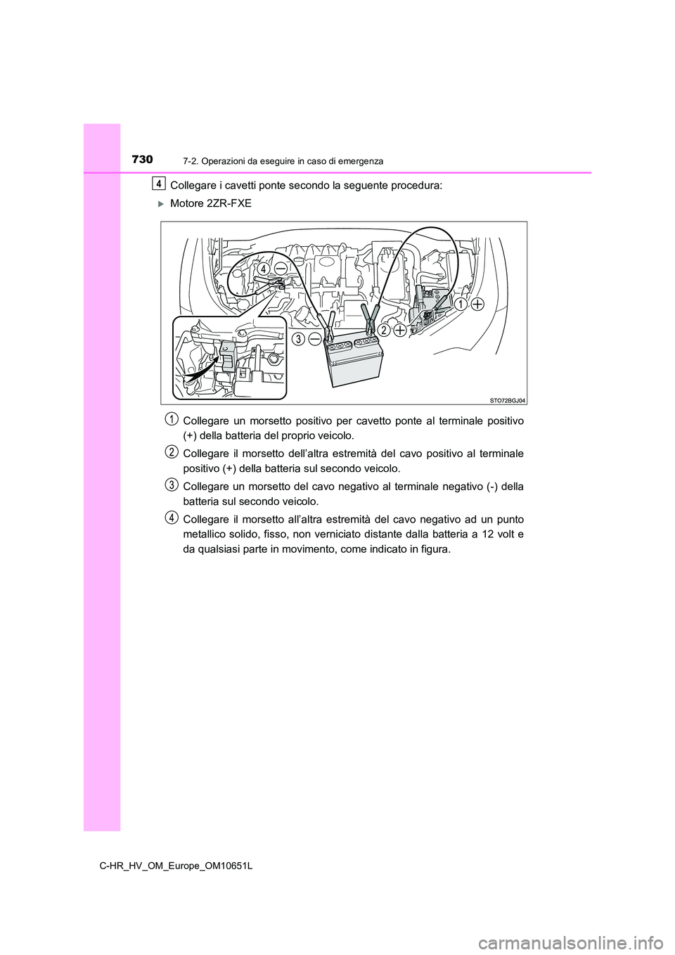 TOYOTA C-HR 2019  Manuale duso (in Italian) 7307-2. Operazioni da eseguire in caso di emergenza
C-HR_HV_OM_Europe_OM10651L
Collegare i cavetti ponte secondo la seguente procedura:
Motore 2ZR-FXE 
Collegare un morsetto positivo per cavetto po