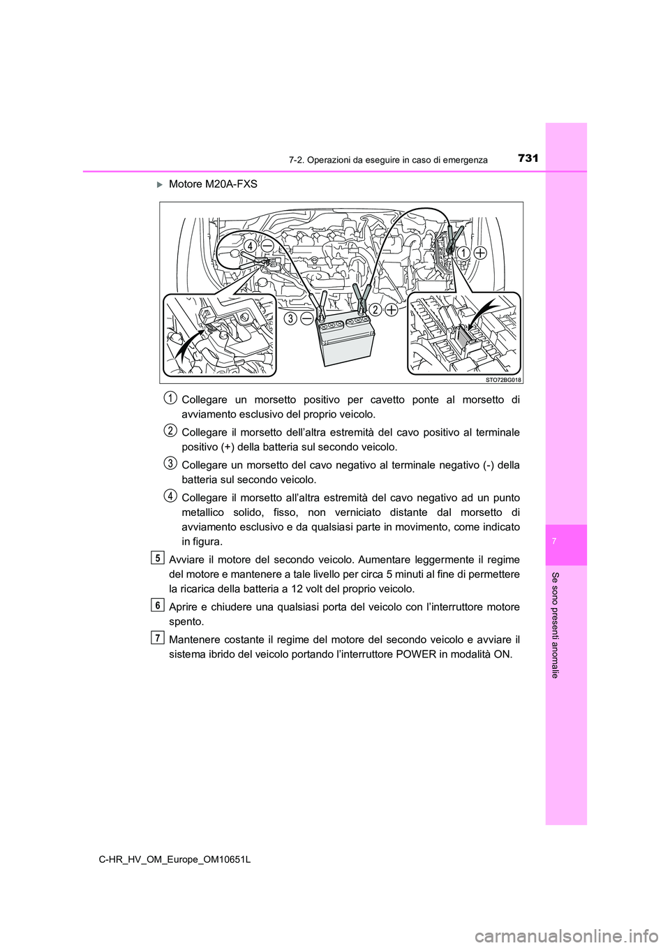 TOYOTA C-HR 2019 Manuale duso (in Italian) 7317-2. Operazioni da eseguire in caso di emergenza
C-HR_HV_OM_Europe_OM10651L
7
Se sono presenti anomalie
Motore M20A-FXS
Collegare un morsetto positivo per cavetto ponte al morsetto di
avviamen TOYOTA C-HR 2019 Manuale duso (in Italian) 7317-2. Operazioni da eseguire in caso di emergenza
C-HR_HV_OM_Europe_OM10651L
7
Se sono presenti anomalie
Motore M20A-FXS
Collegare un morsetto positivo per cavetto ponte al morsetto di
avviamen