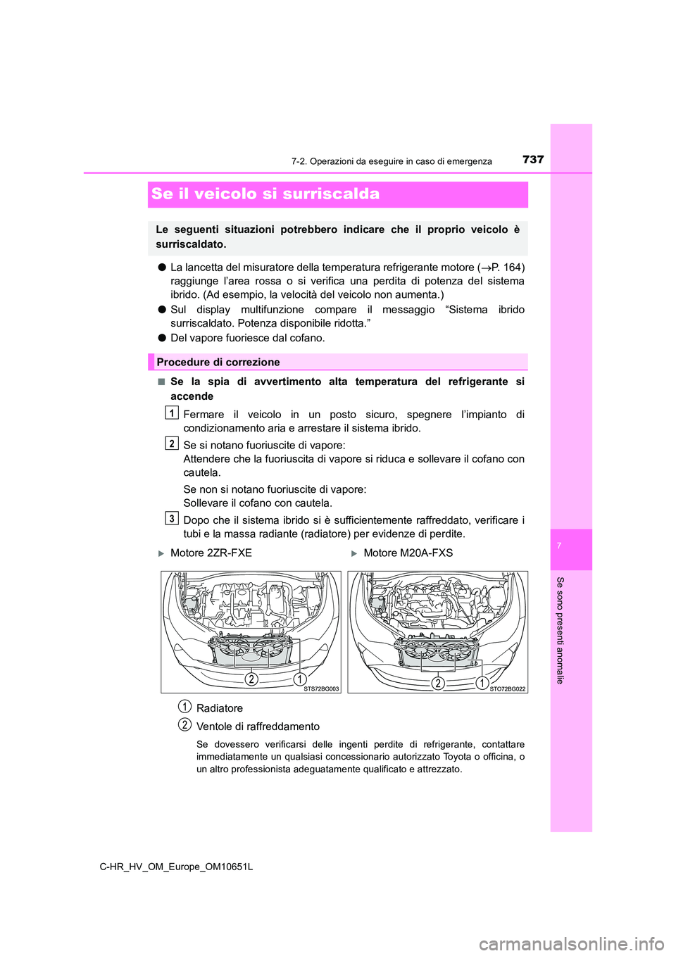 TOYOTA C-HR 2019  Manuale duso (in Italian) 7377-2. Operazioni da eseguire in caso di emergenza
C-HR_HV_OM_Europe_OM10651L
7
Se sono presenti anomalie
Se il veicolo si surriscalda
●La lancetta del misuratore della temperatura refrigerante mot