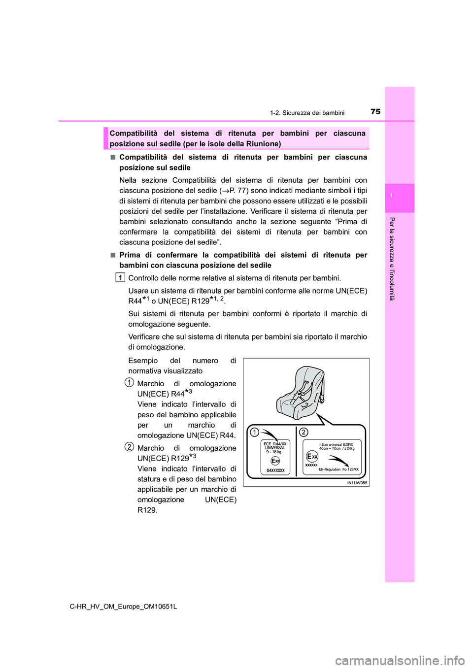 TOYOTA C-HR 2019 Manuale duso (in Italian) 751-2. Sicurezza dei bambini
1
Per la sicurezza e l’incolumità
C-HR_HV_OM_Europe_OM10651L
■Compatibilità del sistema di ritenuta per bambini per ciascuna
posizione sul sedile
Nella sezione Co TOYOTA C-HR 2019 Manuale duso (in Italian) 751-2. Sicurezza dei bambini
1
Per la sicurezza e l’incolumità
C-HR_HV_OM_Europe_OM10651L
■Compatibilità del sistema di ritenuta per bambini per ciascuna
posizione sul sedile
Nella sezione Co