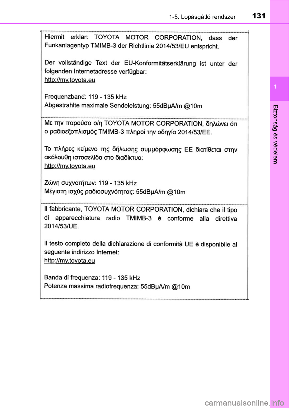 TOYOTA C-HR 2019  Kezelési útmutató (in Hungarian) 1311-5. Lopásgátló rendszer
1
Biztonság és védelem 