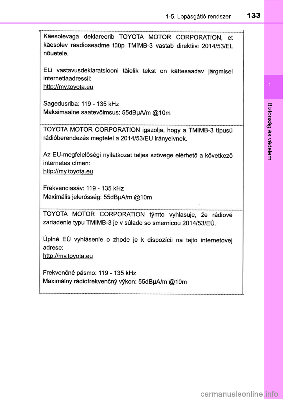 TOYOTA C-HR 2019  Kezelési útmutató (in Hungarian) 1331-5. Lopásgátló rendszer
1
Biztonság és védelem 