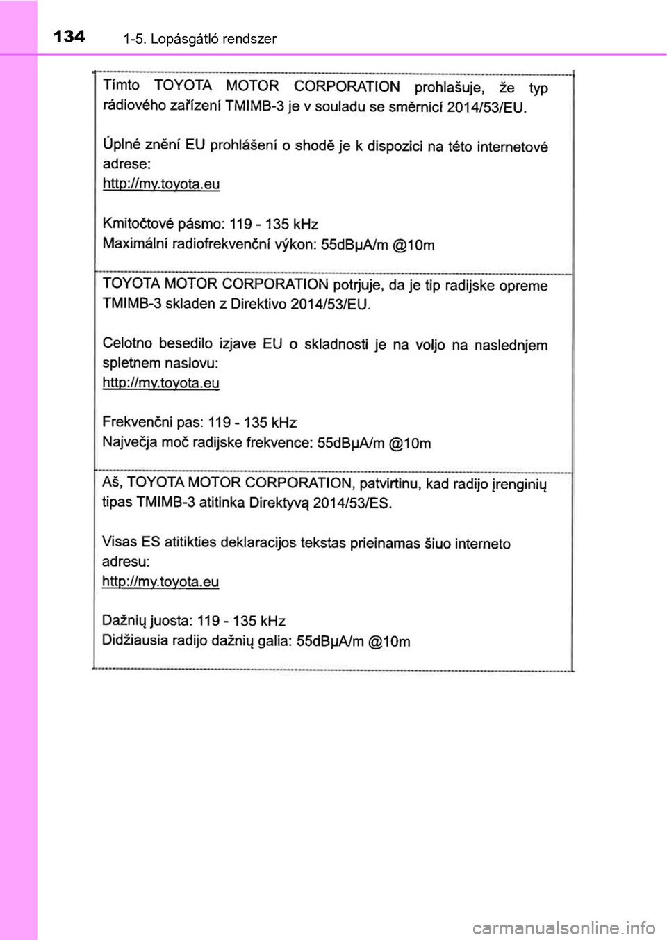 TOYOTA C-HR 2019  Kezelési útmutató (in Hungarian) 1341-5. Lopásgátló rendszer 