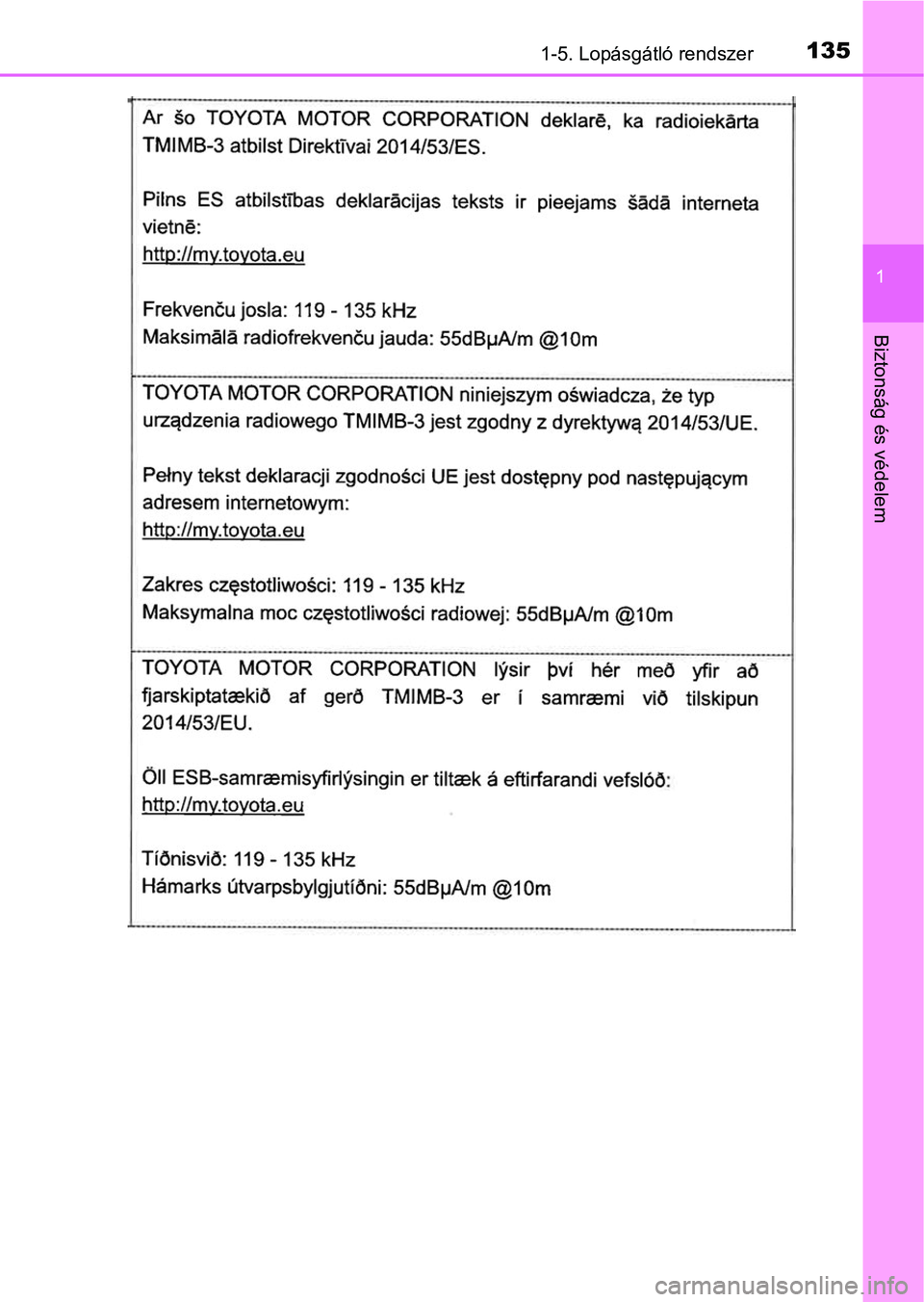 TOYOTA C-HR 2019  Kezelési útmutató (in Hungarian) 1351-5. Lopásgátló rendszer
1
Biztonság és védelem 
