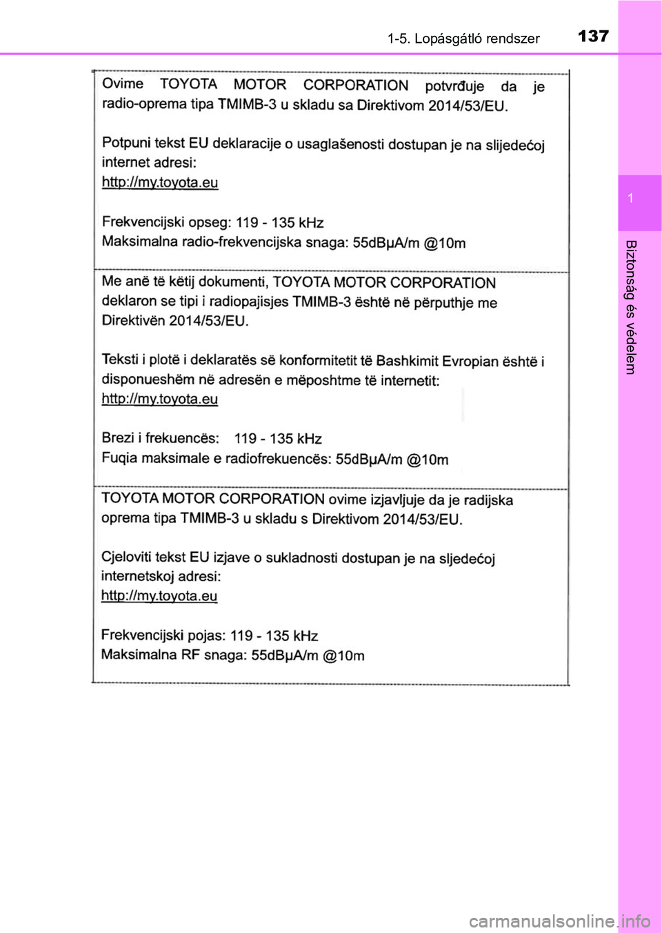 TOYOTA C-HR 2019  Kezelési útmutató (in Hungarian) 1371-5. Lopásgátló rendszer
1
Biztonság és védelem 