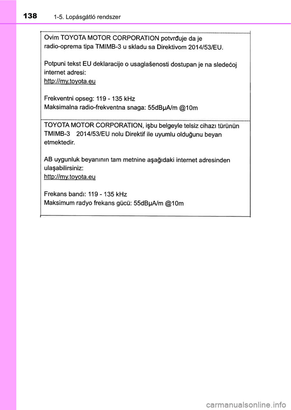TOYOTA C-HR 2019  Kezelési útmutató (in Hungarian) 1381-5. Lopásgátló rendszer 