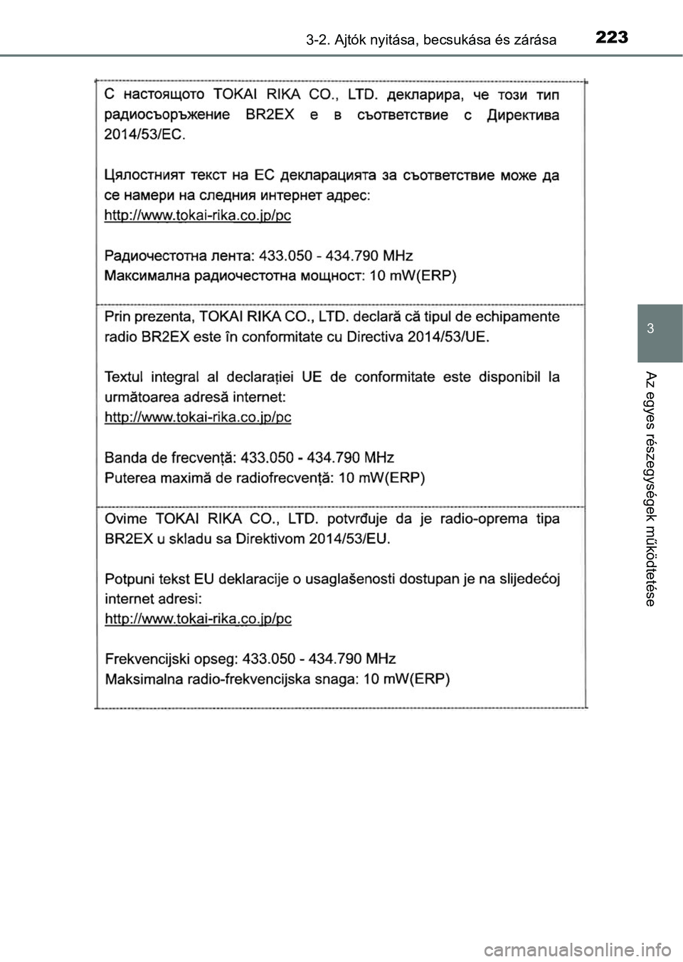 TOYOTA C-HR 2019  Kezelési útmutató (in Hungarian) 2233-2. Ajtók nyitása, becsukása és zárása
3
Az egyes részegységek működtetése 