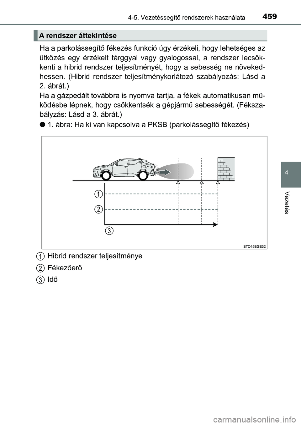 TOYOTA C-HR 2019  Kezelési útmutató (in Hungarian) 4594-5. Vezetéssegítő rendszerek használata
4
Vezetés
Ha a parkolássegítő fékezés funkció úgy érzékeli, hogy lehetséges az
ütközés  egy  érzékelt  tárggyal  vagy  gyalogossal,  a 