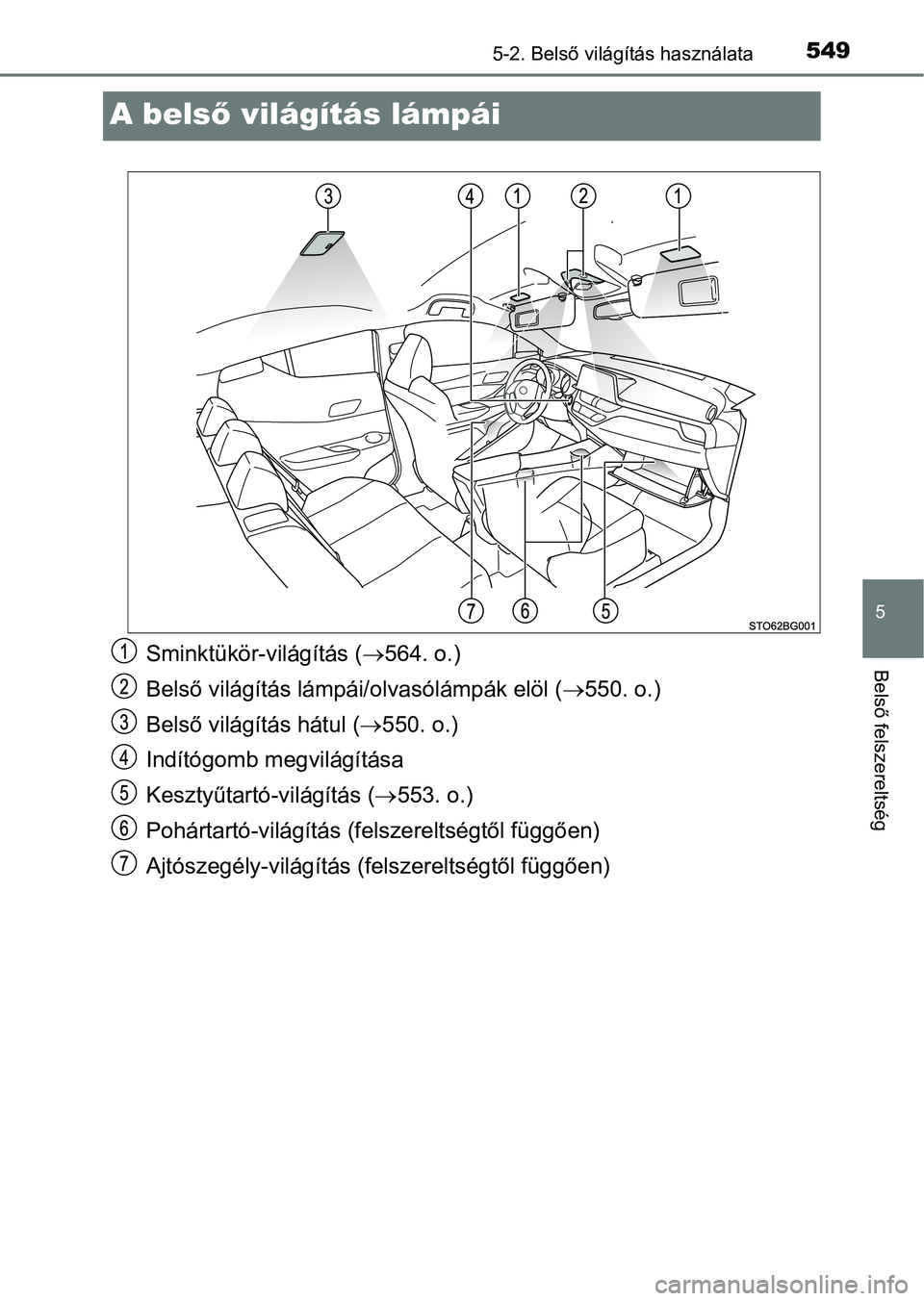 TOYOTA C-HR 2019  Kezelési útmutató (in Hungarian) 5495-2. Belső világítás használata
5
Belső felszereltség
A belső világítás lámpái
Sminktükör-világítás ( 564. o.)
Belső világítás lámpái/olvasólámpák elöl ( 550. o.)

