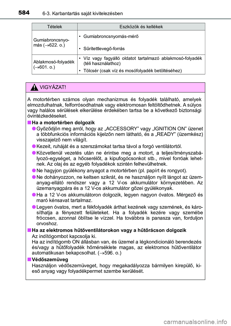 TOYOTA C-HR 2019  Kezelési útmutató (in Hungarian) 5846-3. Karbantartás saját kivitelezésben
Gumiabroncsnyo-
más (622. o.)• Gumiabroncsnyomás-mérő
• Sűrítettlevegő-forrás
Ablakmosó-folyadék 
( 601. o.)• Víz  vagy  fagyálló 