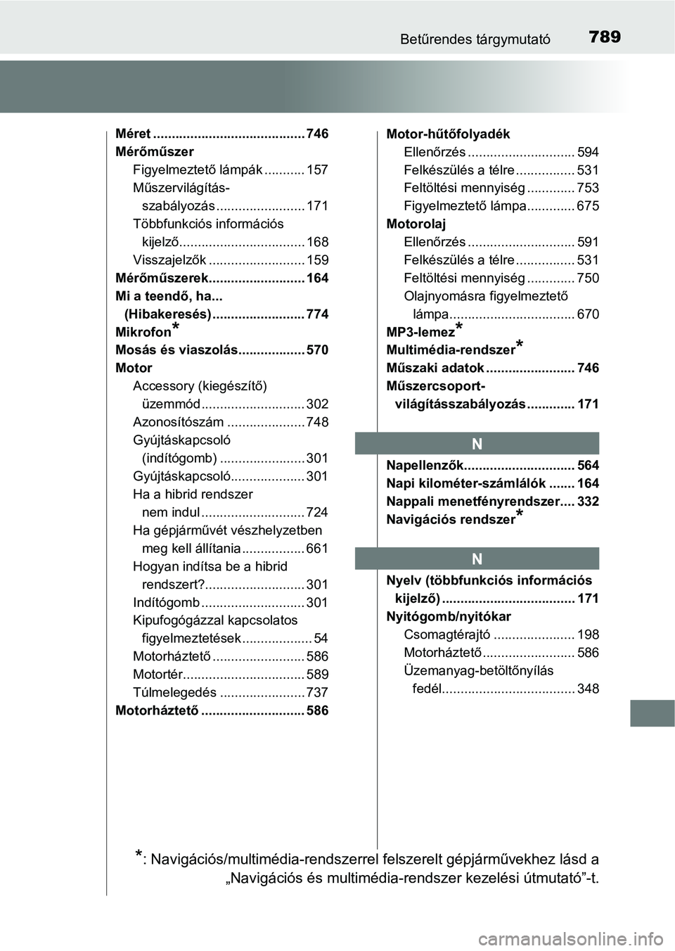TOYOTA C-HR 2019 Kezelési útmutató (in Hungarian) 789Betűrendes tárgymutató
Méret ......................................... 746
MérőműszerFigyelmeztető lámpák ........... 157
Műszervilágítás-szabályozás ........................ 171
T TOYOTA C-HR 2019 Kezelési útmutató (in Hungarian) 789Betűrendes tárgymutató
Méret ......................................... 746
MérőműszerFigyelmeztető lámpák ........... 157
Műszervilágítás-szabályozás ........................ 171
T