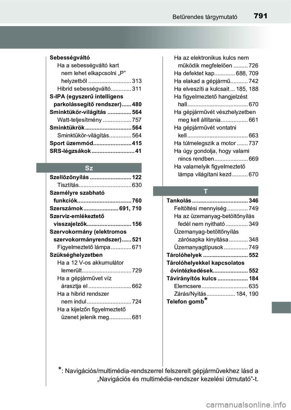 TOYOTA C-HR 2019 Kezelési útmutató (in Hungarian) 791Betűrendes tárgymutató
SebességváltóHa a sebességváltó kart nem lehet elkapcsolni „P”
helyzetből ........................... 313
Hibrid sebességváltó............. 311
S-IPA (egysz TOYOTA C-HR 2019 Kezelési útmutató (in Hungarian) 791Betűrendes tárgymutató
SebességváltóHa a sebességváltó kart nem lehet elkapcsolni „P”
helyzetből ........................... 313
Hibrid sebességváltó............. 311
S-IPA (egysz