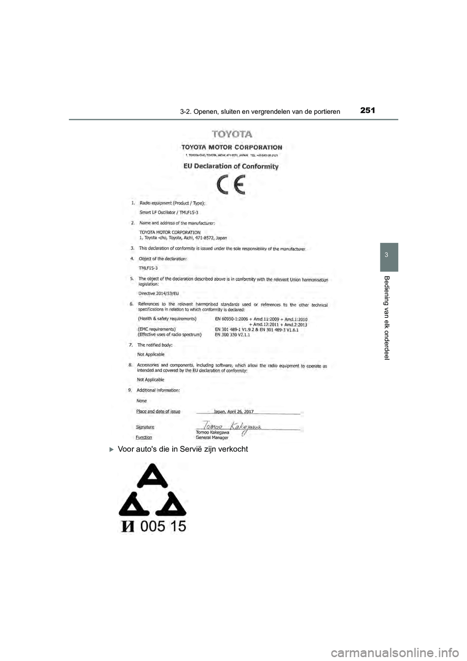 TOYOTA C-HR 2019  Instructieboekje (in Dutch) 2513-2. Openen, sluiten en vergrendelen van de portieren
3
Bediening van elk onderdeel
C-HR_HV_OM_Europe_OM10647E
Voor auto's die in Servië zijn verkocht
C-HR_HV_OM_Europe_OM10647E.book  Page 