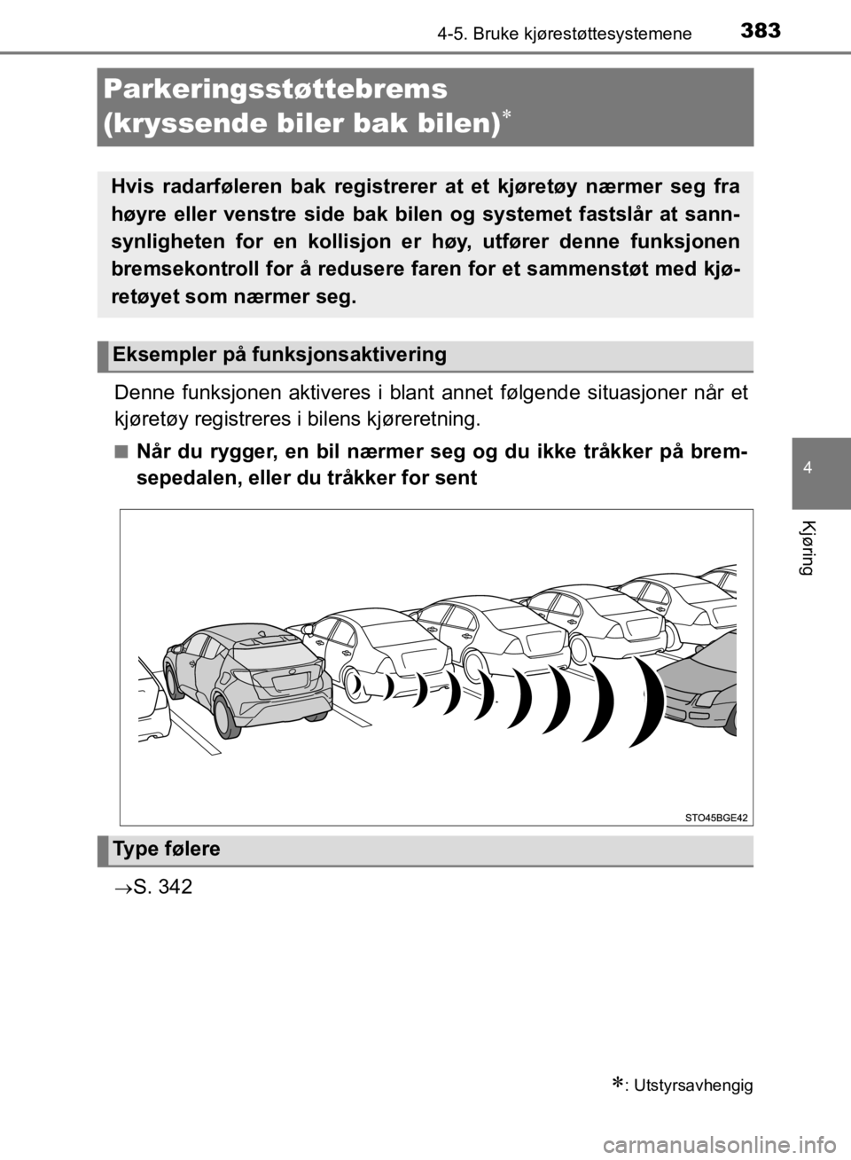 TOYOTA C-HR 2019  Instruksjoner for bruk (in Norwegian) 383
4
4-5. Bruke kjørestøttesystemene
Kjøring
C-HR_HV_OM_Europe_OM10647NO
Parkeringsstøttebrems 
(kryssende biler bak bilen)

Denne funksjonen aktiveres i blant annet følgende situasjoner når