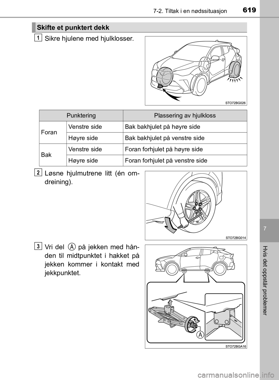 TOYOTA C-HR 2019  Instruksjoner for bruk (in Norwegian) 6197-2. Tiltak i en nødssituasjon
C-HR_HV_OM_Europe_OM10647NO
7
Hvis det oppstår problemer
Sikre hjulene med hjulklosser.
Løsne hjulmutrene litt (én om-
dreining).
Vri del   på jekken med hån-
d