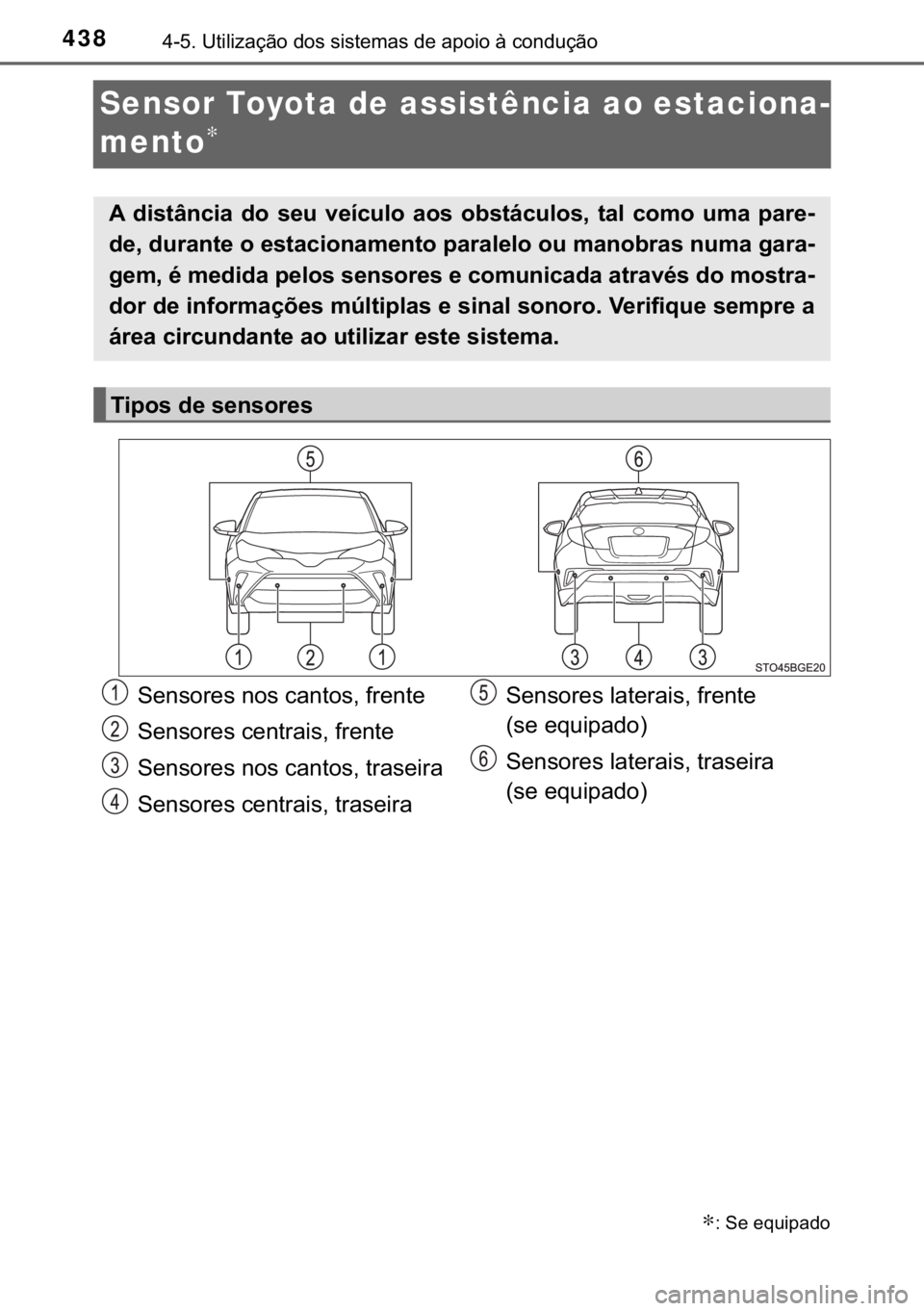 TOYOTA C-HR 2019  Manual de utilização (in Portuguese) 438������8�W�L�O�L�]�D�o�m�R��G�R�V��V�L�V�W�H�P�D�V��G�H��D�S�R�L�R��j��F�R�Q�G�X�o�m�R
Sensor Toyota de assistência ao estaciona-
mento
∗
∗���6�H��H�T�X�L�S�D�G�R
�$� �G�L�V�W�k�