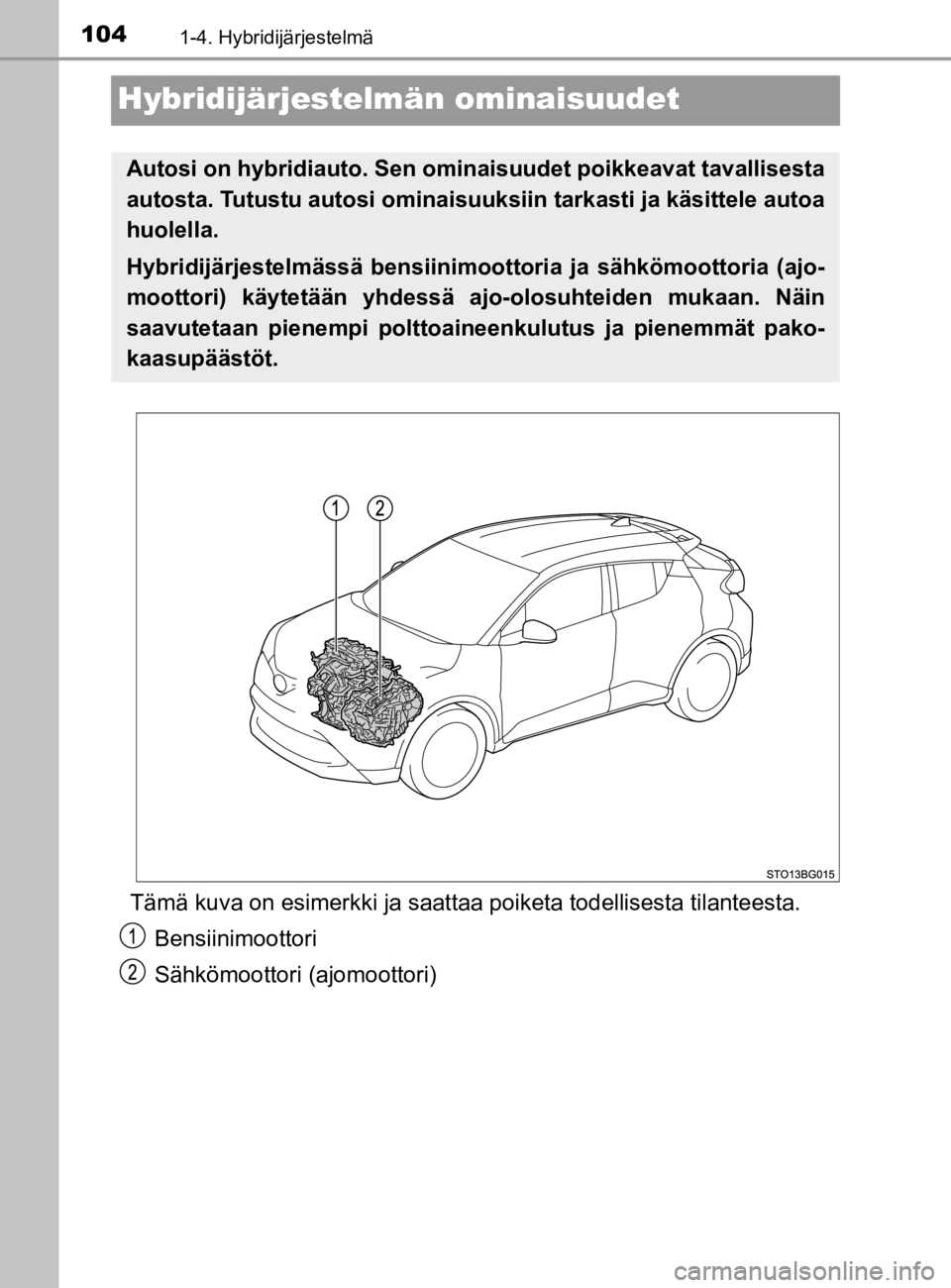 TOYOTA C-HR 2019  Omistajan Käsikirja (in Finnish) 1041-4. Hybridijärjestelmä
C-HR_HV_OM_Europe_OM10647E
Hybridijärjestelmän ominaisuudet
Tämä kuva on esimerkki ja saattaa poiketa todellisesta tilanteesta.
Bensiinimoottori
Sähkömoottori (ajomo