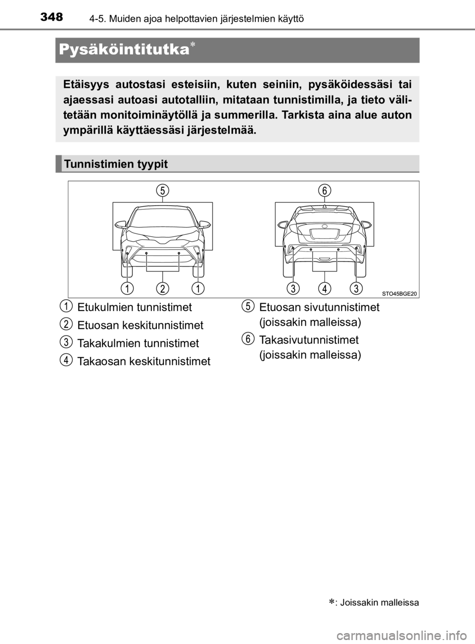 TOYOTA C-HR 2019  Omistajan Käsikirja (in Finnish) 3484-5. Muiden ajoa helpottavien järjestelmien käyttö
C-HR_HV_OM_Europe_OM10647E
Pysäköintitutka
: Joissakin malleissa
Etäisyys autostasi esteisiin, kuten seiniin, pysäköidessäsi tai
aj
