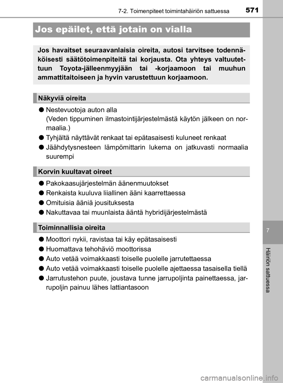 TOYOTA C-HR 2019 Omistajan Käsikirja (in Finnish) 5717-2. Toimenpiteet toimintahäiriön sattuessa
C-HR_HV_OM_Europe_OM10647E
7
Häiriön sattuessa
Jos epäilet, että jotain on vialla
lNestevuotoja auton alla
(Veden tippuminen ilmastointijärjestelm TOYOTA C-HR 2019 Omistajan Käsikirja (in Finnish) 5717-2. Toimenpiteet toimintahäiriön sattuessa
C-HR_HV_OM_Europe_OM10647E
7
Häiriön sattuessa
Jos epäilet, että jotain on vialla
lNestevuotoja auton alla
(Veden tippuminen ilmastointijärjestelm