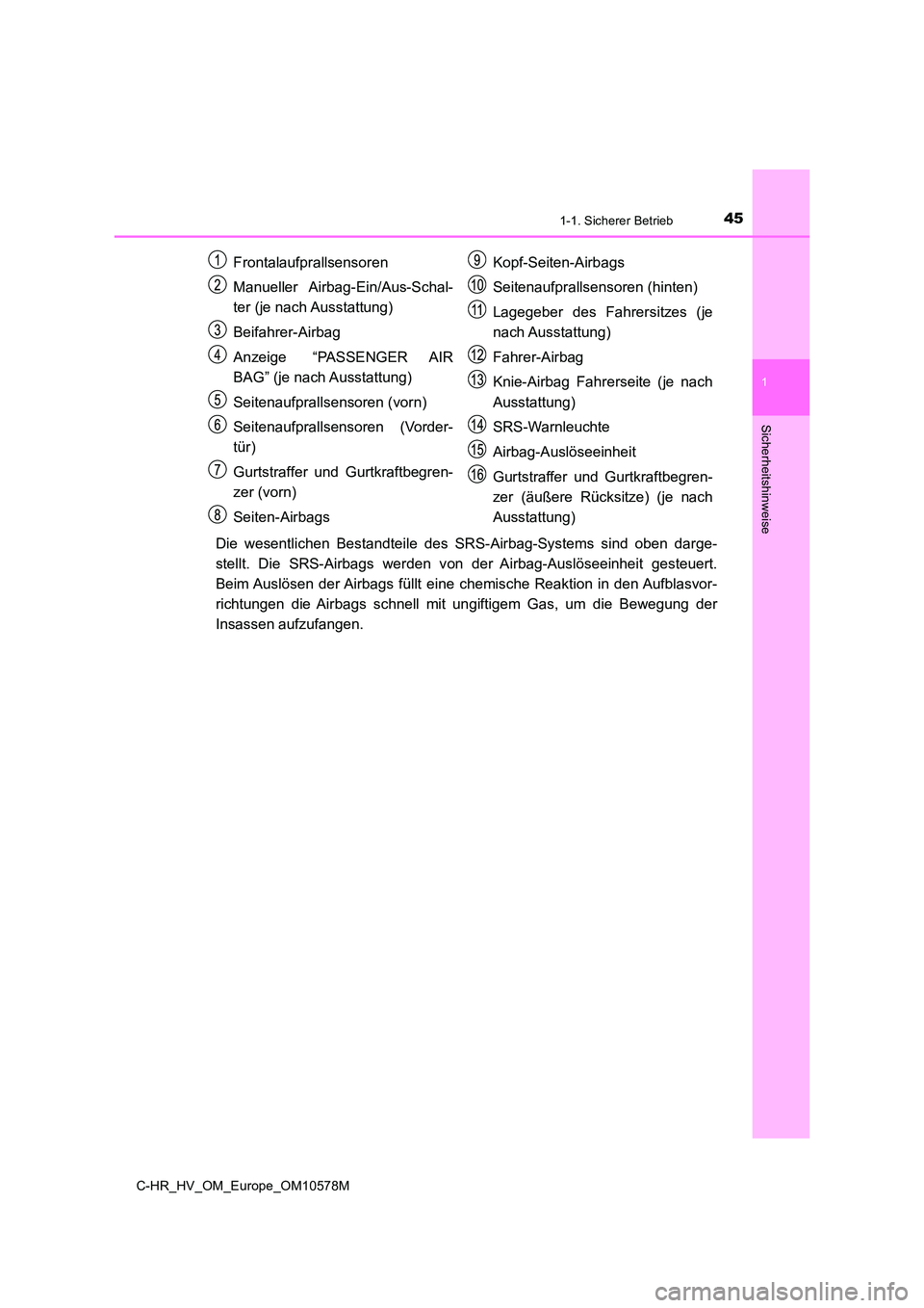 TOYOTA C-HR 2018  Betriebsanleitungen (in German) 451-1. Sicherer Betrieb
1
Sicherheitshinweise
C-HR_HV_OM_Europe_OM10578M
Die wesentlichen Bestandteile des SRS-Airbag-Systems sind oben darge- 
stellt. Die SRS-Airbags werden v on der Airbag-Auslösee