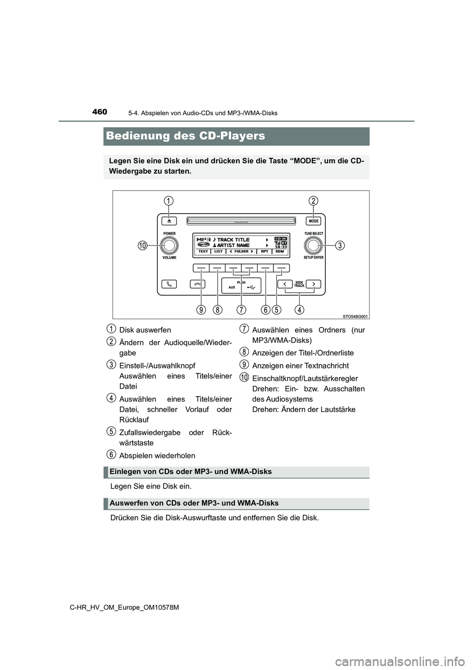 TOYOTA C-HR 2018  Betriebsanleitungen (in German) 4605-4. Abspielen von Audio-CDs und MP3-/WMA-Disks
C-HR_HV_OM_Europe_OM10578M
Bedienung des CD-Players
Legen Sie eine Disk ein. 
Drücken Sie die Disk-Auswurftaste und entfernen Sie die Disk.
Legen Si