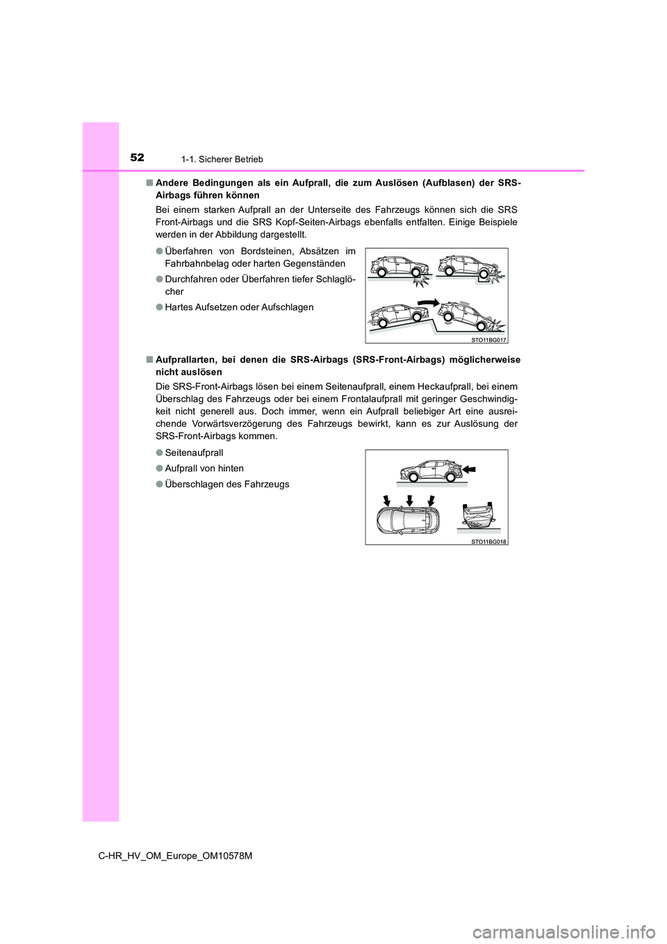 TOYOTA C-HR 2018 Betriebsanleitungen (in German) 521-1. Sicherer Betrieb
C-HR_HV_OM_Europe_OM10578M
■ Andere Bedingungen als ein Aufprall, die zum Auslösen (Aufblasen) der SRS-
Airbags führen können
Bei einem starken Aufprall an der Untersei TOYOTA C-HR 2018 Betriebsanleitungen (in German) 521-1. Sicherer Betrieb
C-HR_HV_OM_Europe_OM10578M
■ Andere Bedingungen als ein Aufprall, die zum Auslösen (Aufblasen) der SRS-
Airbags führen können
Bei einem starken Aufprall an der Untersei