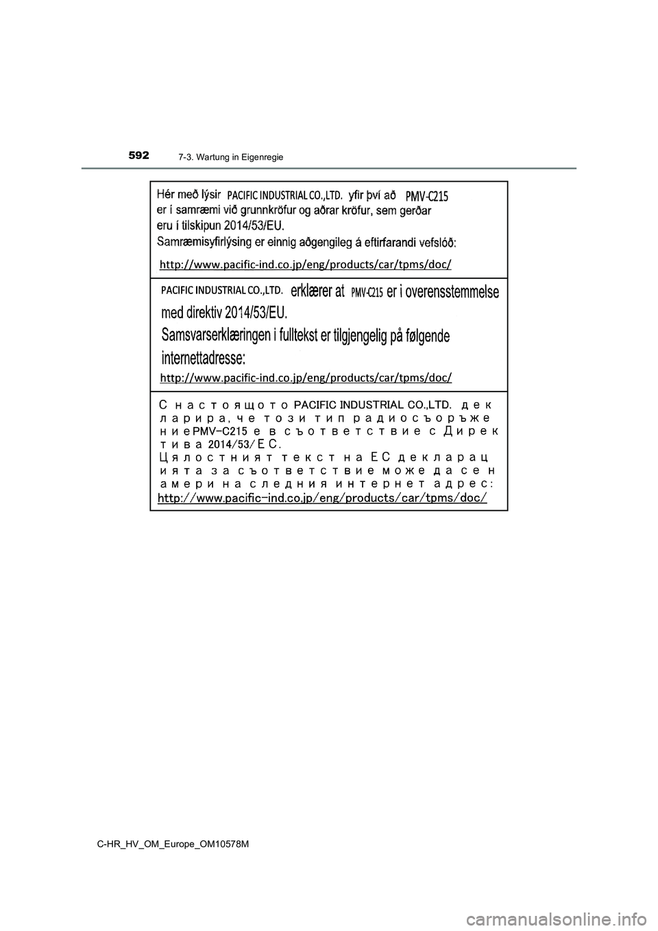 TOYOTA C-HR 2018  Betriebsanleitungen (in German) 5927-3. Wartung in Eigenregie
C-HR_HV_OM_Europe_OM10578M 