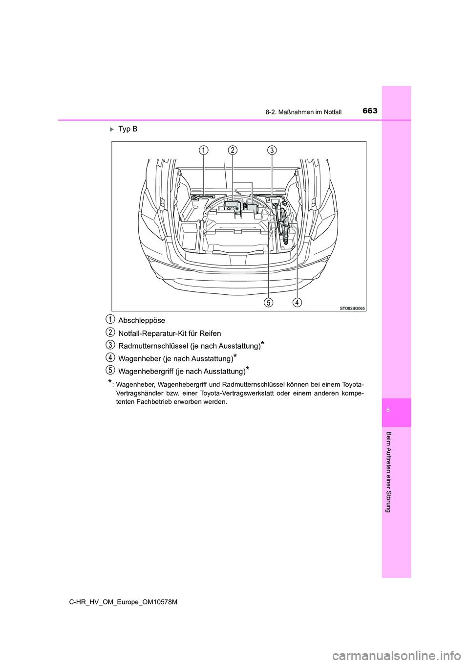 TOYOTA C-HR 2018  Betriebsanleitungen (in German) 6638-2. Maßnahmen im Notfall
C-HR_HV_OM_Europe_OM10578M
8
Beim Auftreten einer Störung
Ty p  B 
Abschleppöse 
Notfall-Reparatur-Kit für Reifen 
Radmutternschlüssel (je nach Ausstattung)*
Wagen