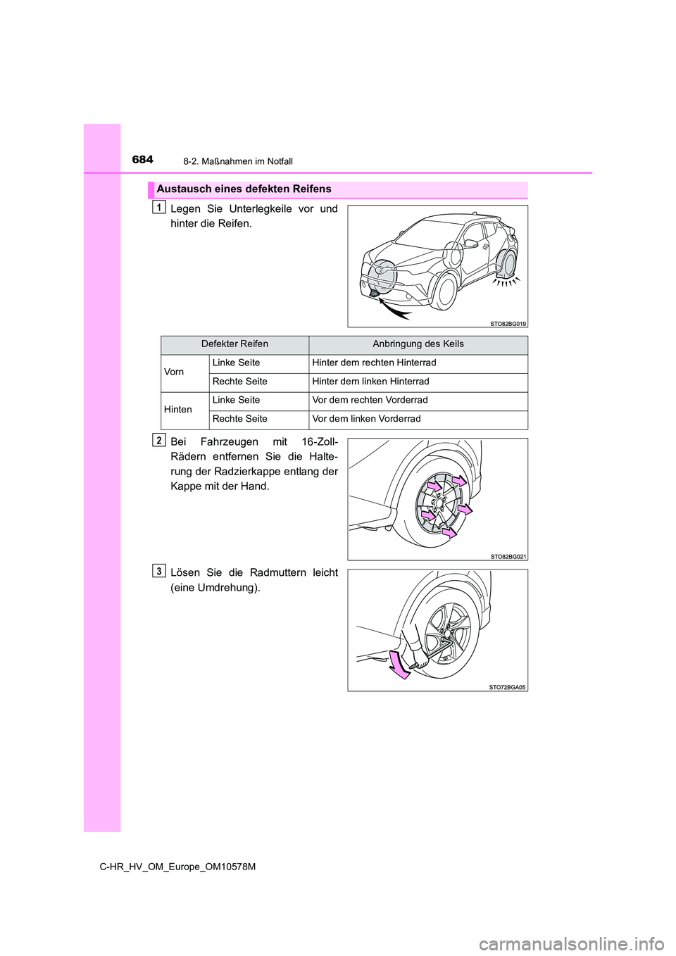 TOYOTA C-HR 2018  Betriebsanleitungen (in German) 6848-2. Maßnahmen im Notfall
C-HR_HV_OM_Europe_OM10578M
Legen Sie Unterlegkeile vor und 
hinter die Reifen. 
Bei Fahrzeugen mit 16-Zoll- 
Rädern entfernen Sie die Halte- 
rung der Radzierkappe entla