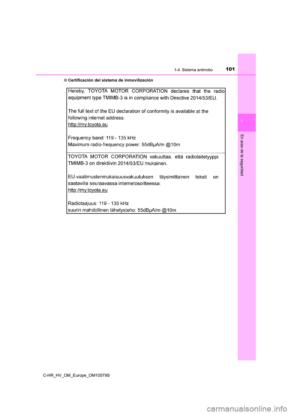 TOYOTA C-HR 2018  Manual del propietario (in Spanish) 1011-4. Sistema antirrobo
1
En aras de la seguridad
C-HR_HV_OM_Europe_OM10579S 
■ Certificación del sistema de inmovilización  
