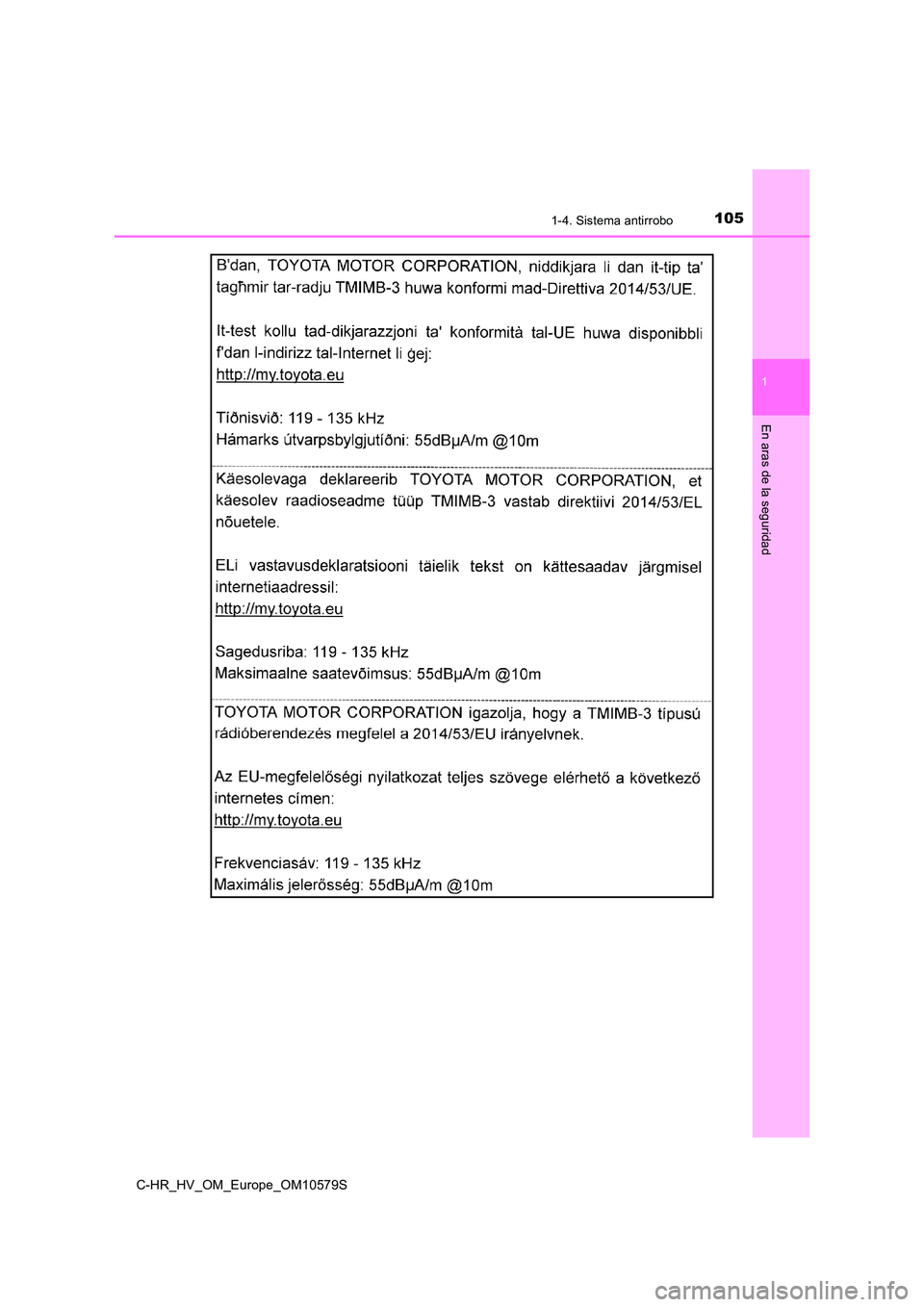 TOYOTA C-HR 2018  Manual del propietario (in Spanish) 1051-4. Sistema antirrobo
1
En aras de la seguridad
C-HR_HV_OM_Europe_OM10579S 