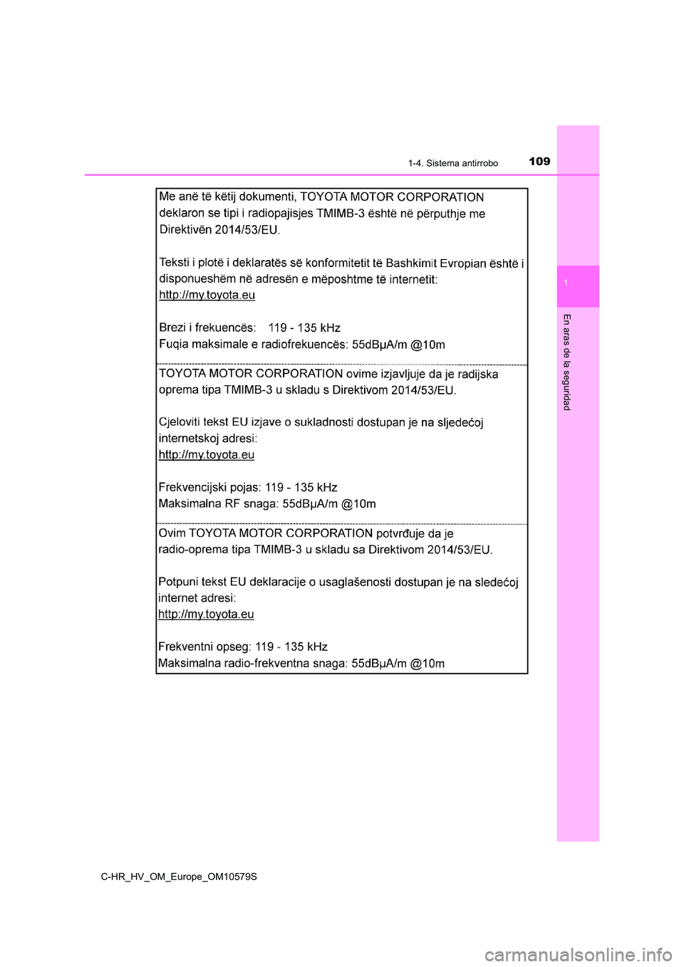 TOYOTA C-HR 2018  Manual del propietario (in Spanish) 1091-4. Sistema antirrobo
1
En aras de la seguridad
C-HR_HV_OM_Europe_OM10579S 