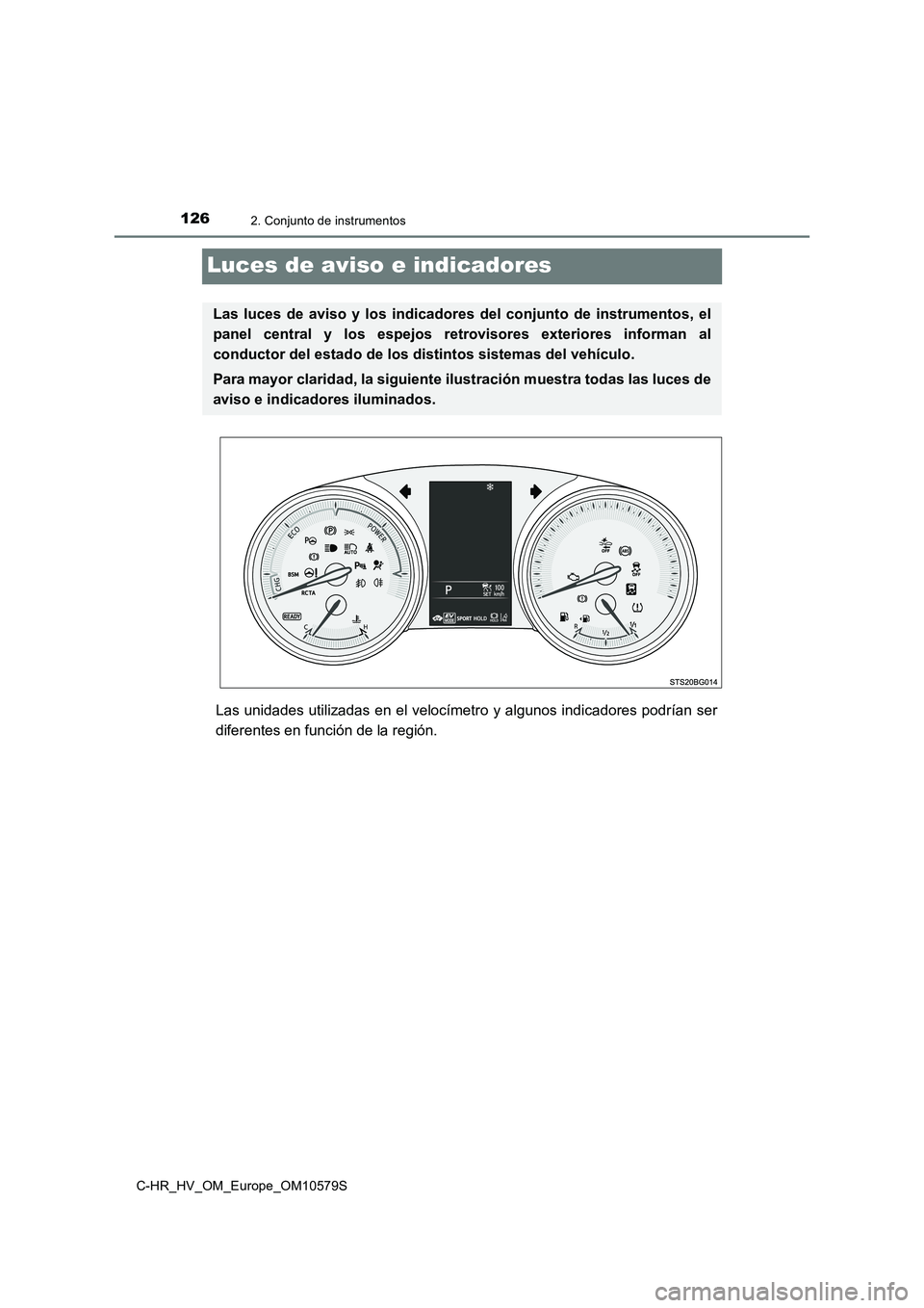 TOYOTA C-HR 2018  Manual del propietario (in Spanish) 1262. Conjunto de instrumentos
C-HR_HV_OM_Europe_OM10579S
Luces de aviso e indicadores
Las unidades utilizadas en el velocímetro y algunos indicadores podrían ser 
diferentes en función de la regi