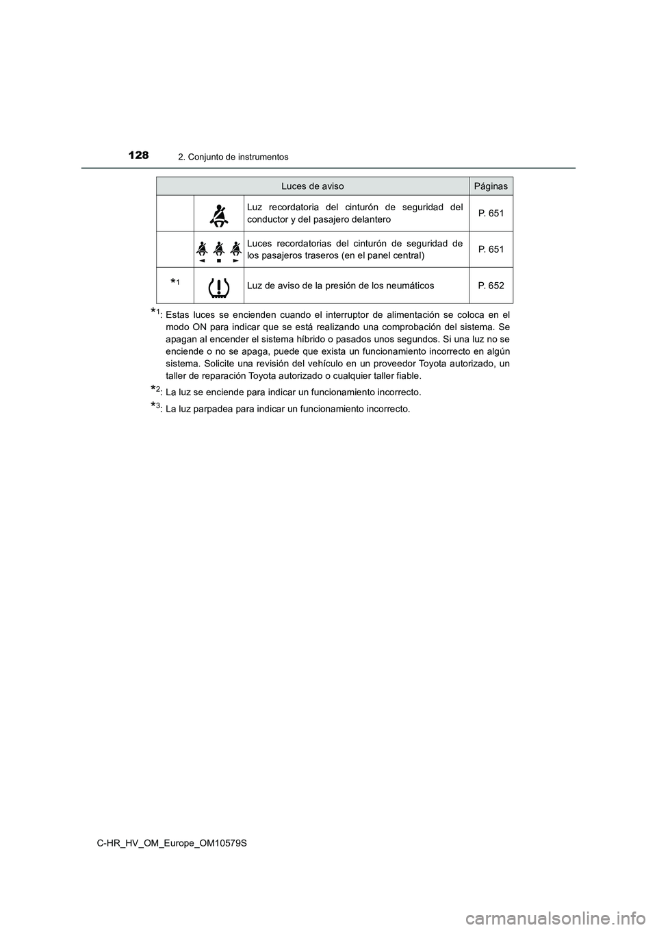 TOYOTA C-HR 2018  Manual del propietario (in Spanish) 1282. Conjunto de instrumentos
C-HR_HV_OM_Europe_OM10579S
*1: Estas luces se encienden cuando el interruptor de alimentación se coloca en el 
modo ON para indicar que se está realizando una comproba