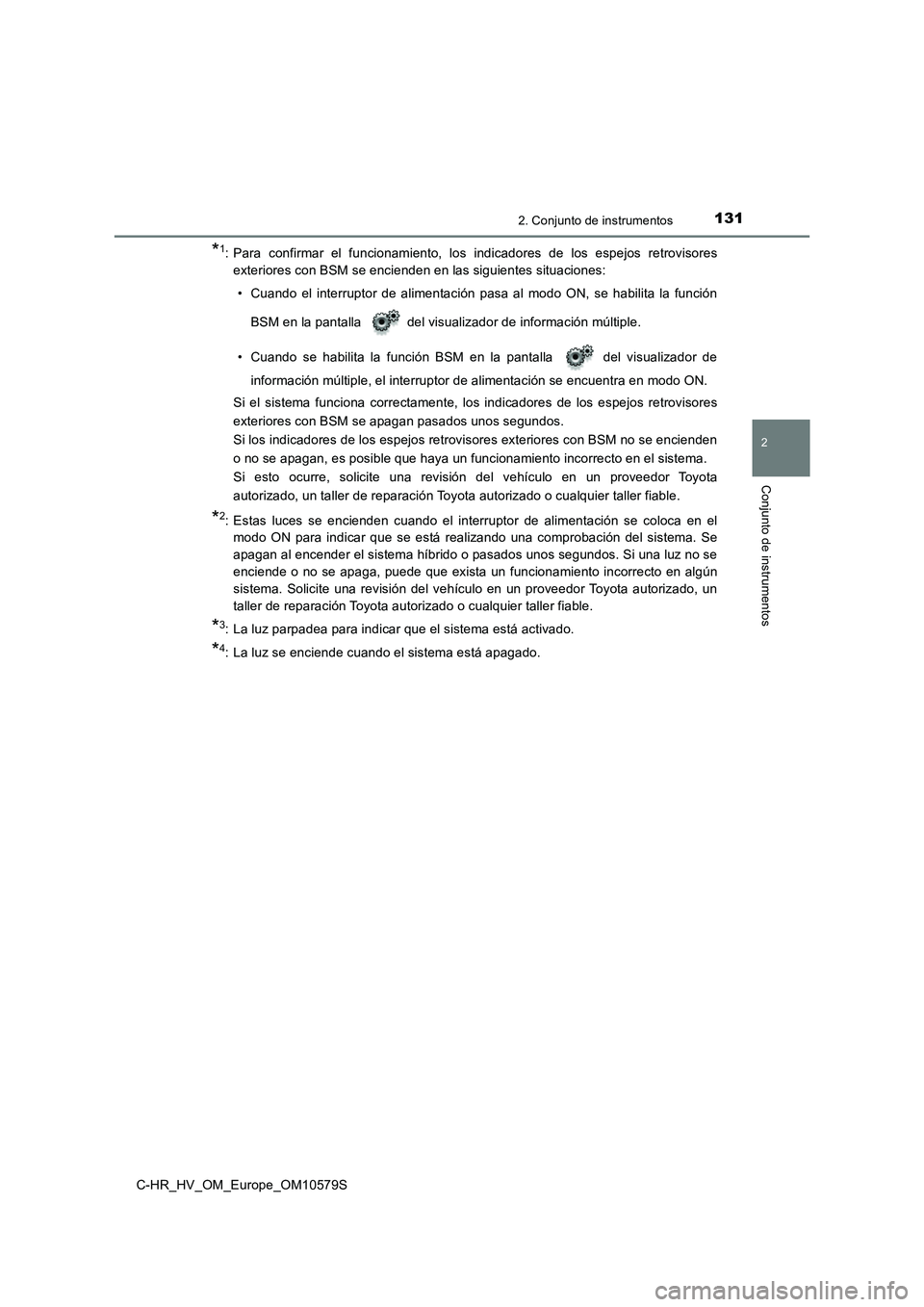 TOYOTA C-HR 2018 Manual del propietario (in Spanish) 1312. Conjunto de instrumentos
2
Conjunto de instrumentos
C-HR_HV_OM_Europe_OM10579S
*1: Para confirmar el funcionamiento, los indicadores de los espejos retrovisores
exteriores con BSM se encienden TOYOTA C-HR 2018 Manual del propietario (in Spanish) 1312. Conjunto de instrumentos
2
Conjunto de instrumentos
C-HR_HV_OM_Europe_OM10579S
*1: Para confirmar el funcionamiento, los indicadores de los espejos retrovisores
exteriores con BSM se encienden