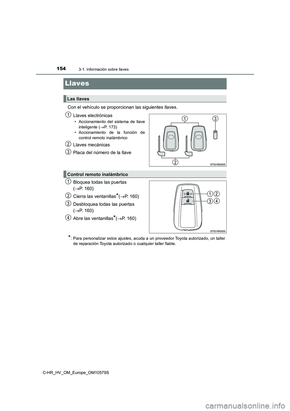 TOYOTA C-HR 2018  Manual del propietario (in Spanish) 1543-1. Información sobre llaves
C-HR_HV_OM_Europe_OM10579S
Llaves
Con el vehículo se proporcionan las siguientes llaves. 
Llaves electrónicas
• Accionamiento del sistema de llave 
inteligente ( 
