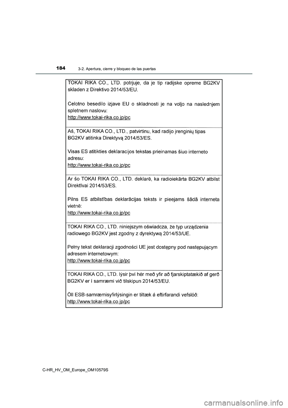 TOYOTA C-HR 2018  Manual del propietario (in Spanish) 1843-2. Apertura, cierre y bloqueo de las puertas
C-HR_HV_OM_Europe_OM10579S 