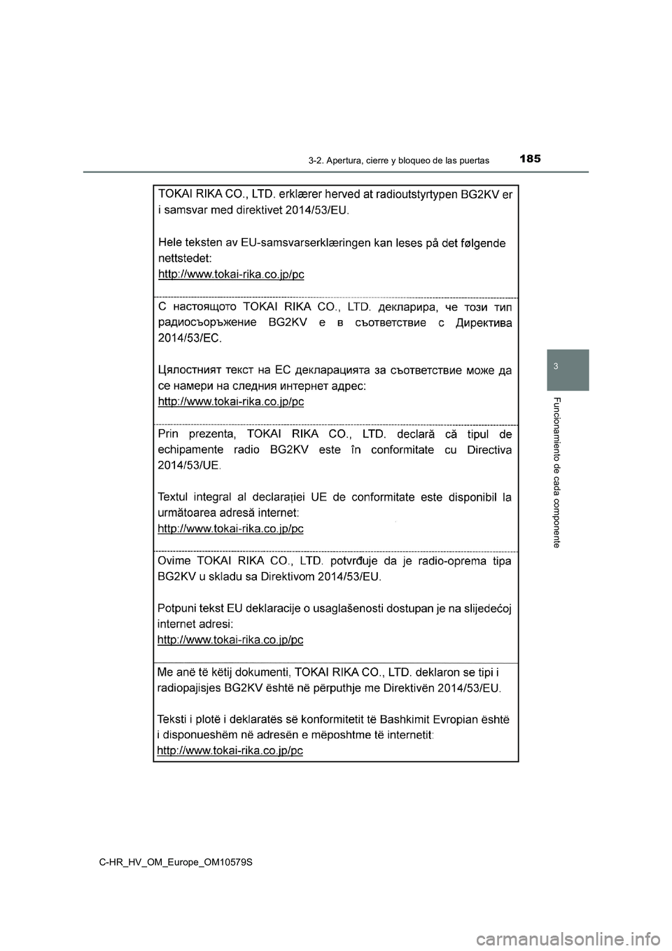 TOYOTA C-HR 2018  Manual del propietario (in Spanish) 1853-2. Apertura, cierre y bloqueo de las puertas
3
Funcionamiento de cada componente
C-HR_HV_OM_Europe_OM10579S 