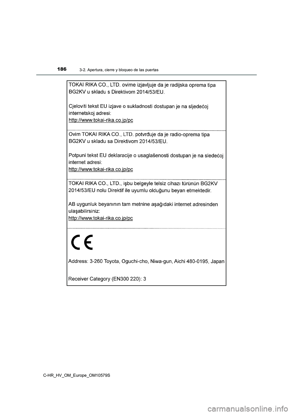 TOYOTA C-HR 2018  Manual del propietario (in Spanish) 1863-2. Apertura, cierre y bloqueo de las puertas
C-HR_HV_OM_Europe_OM10579S 